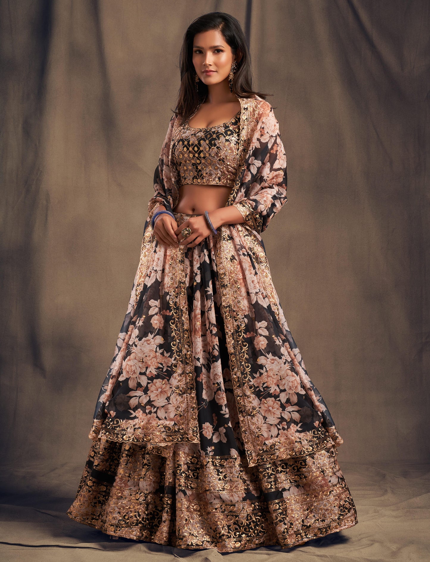 Black Flower Organza Lehenga