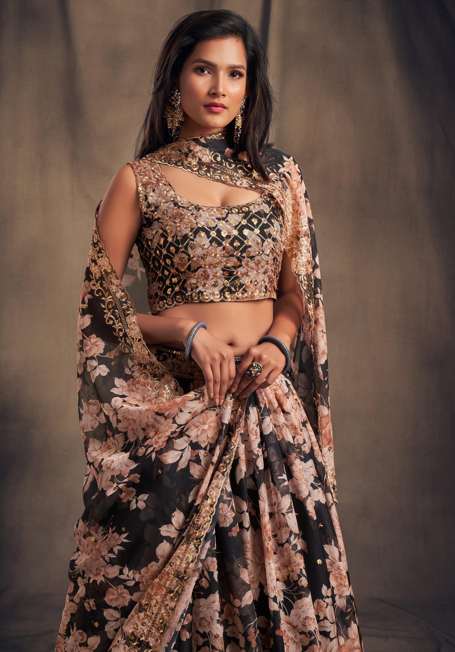 Black Flower Organza Lehenga