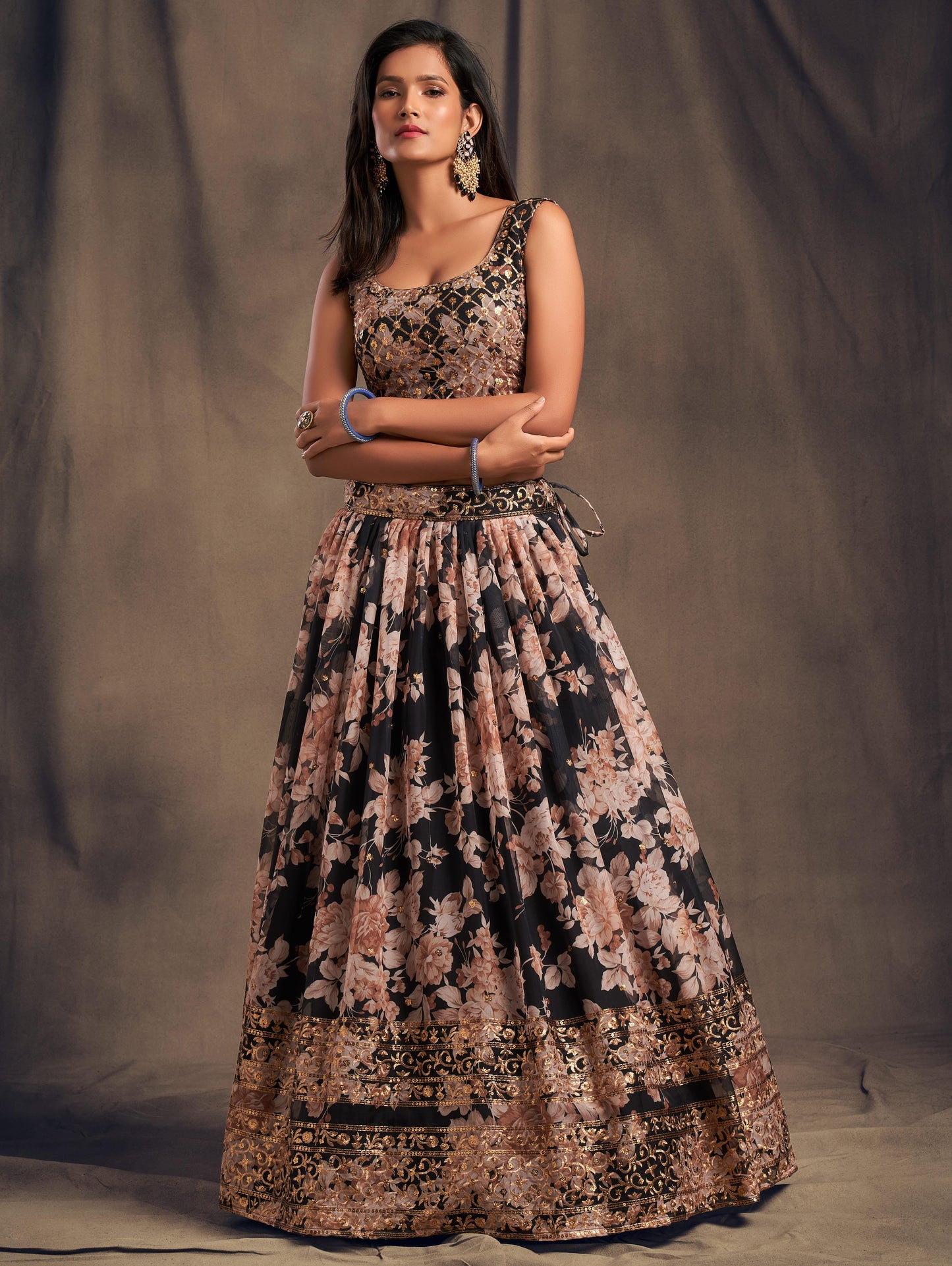 Black Flower Organza Lehenga