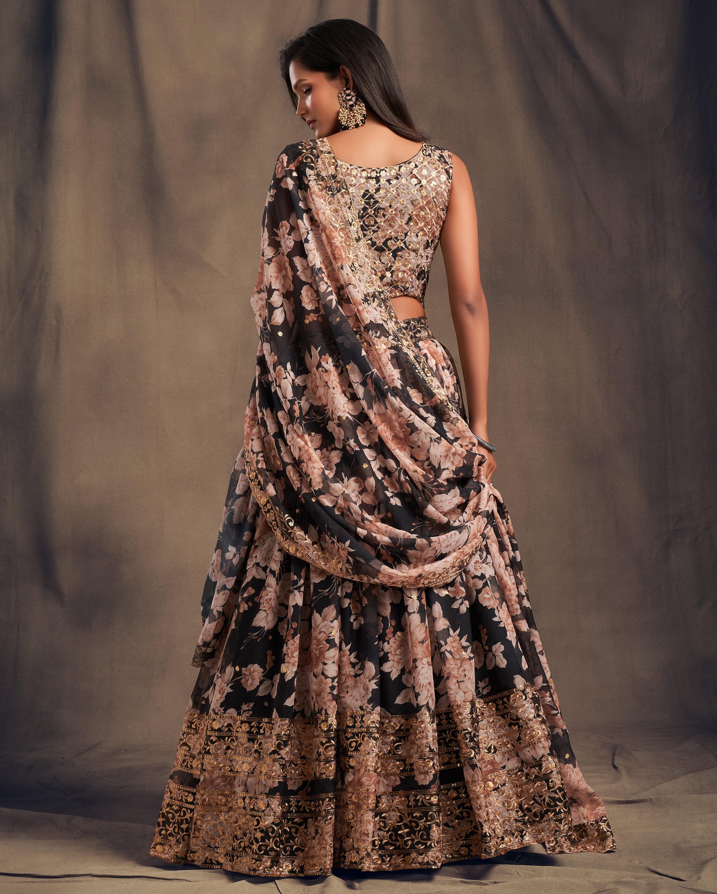 Black Flower Organza Lehenga