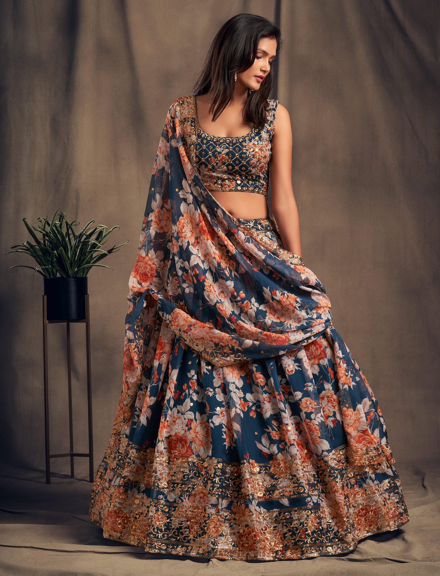 Royal Blue Organza Lehenga