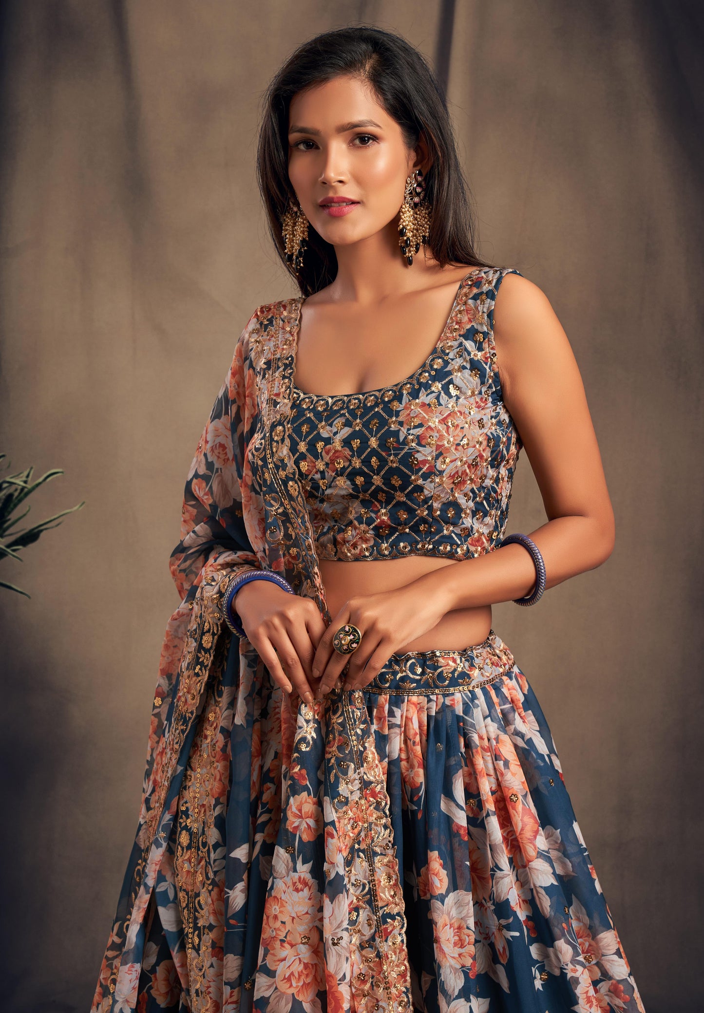 Royal Blue Organza Lehenga