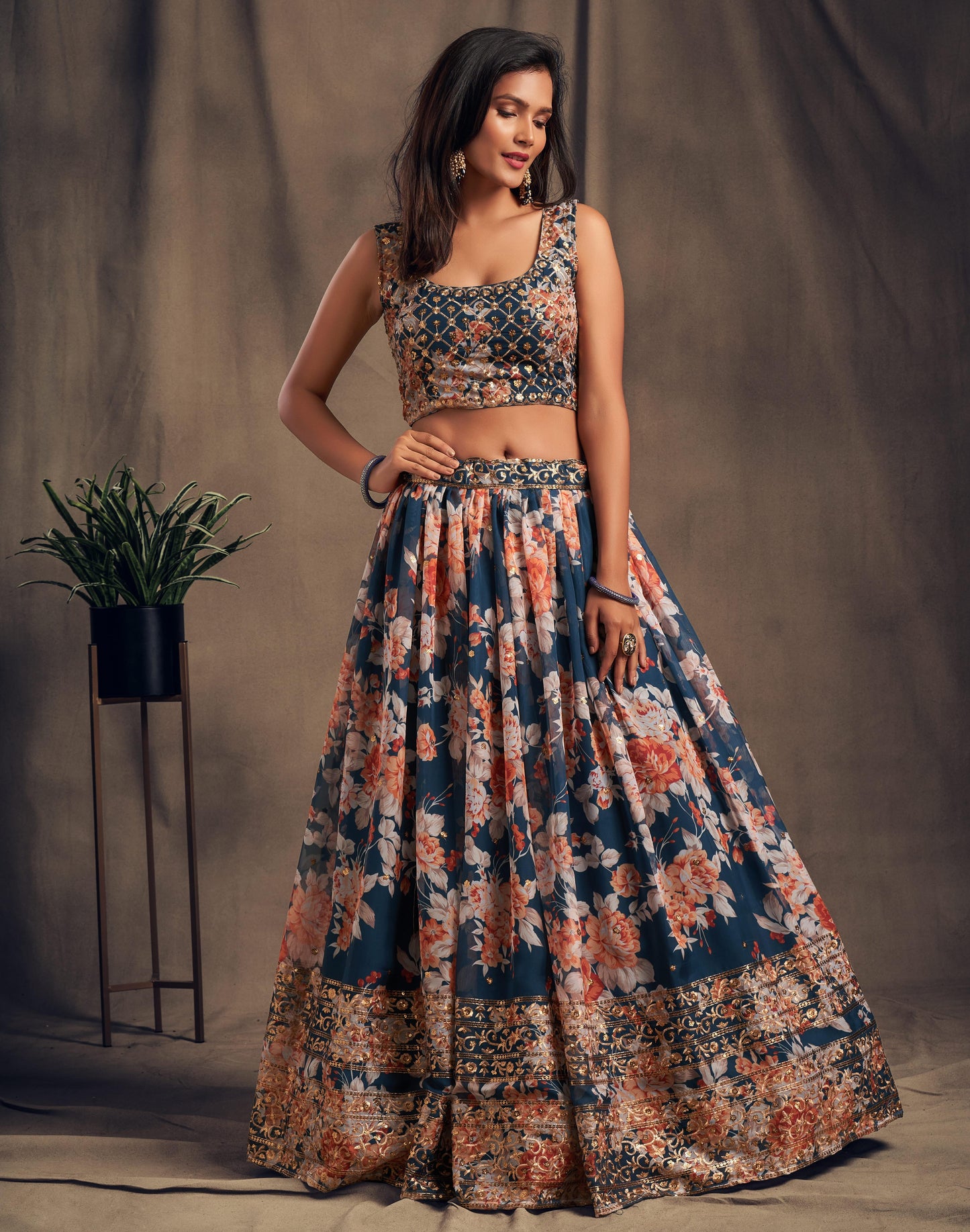 Royal Blue Organza Lehenga