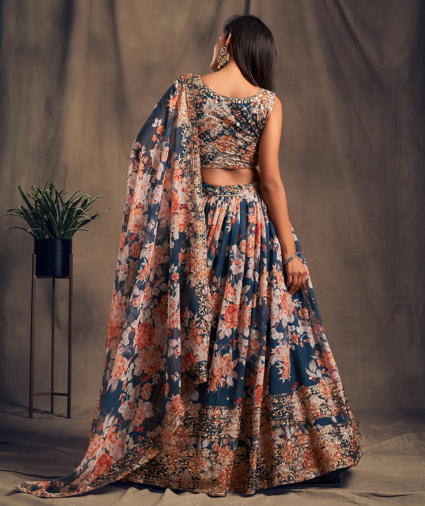 Royal Blue Organza Lehenga