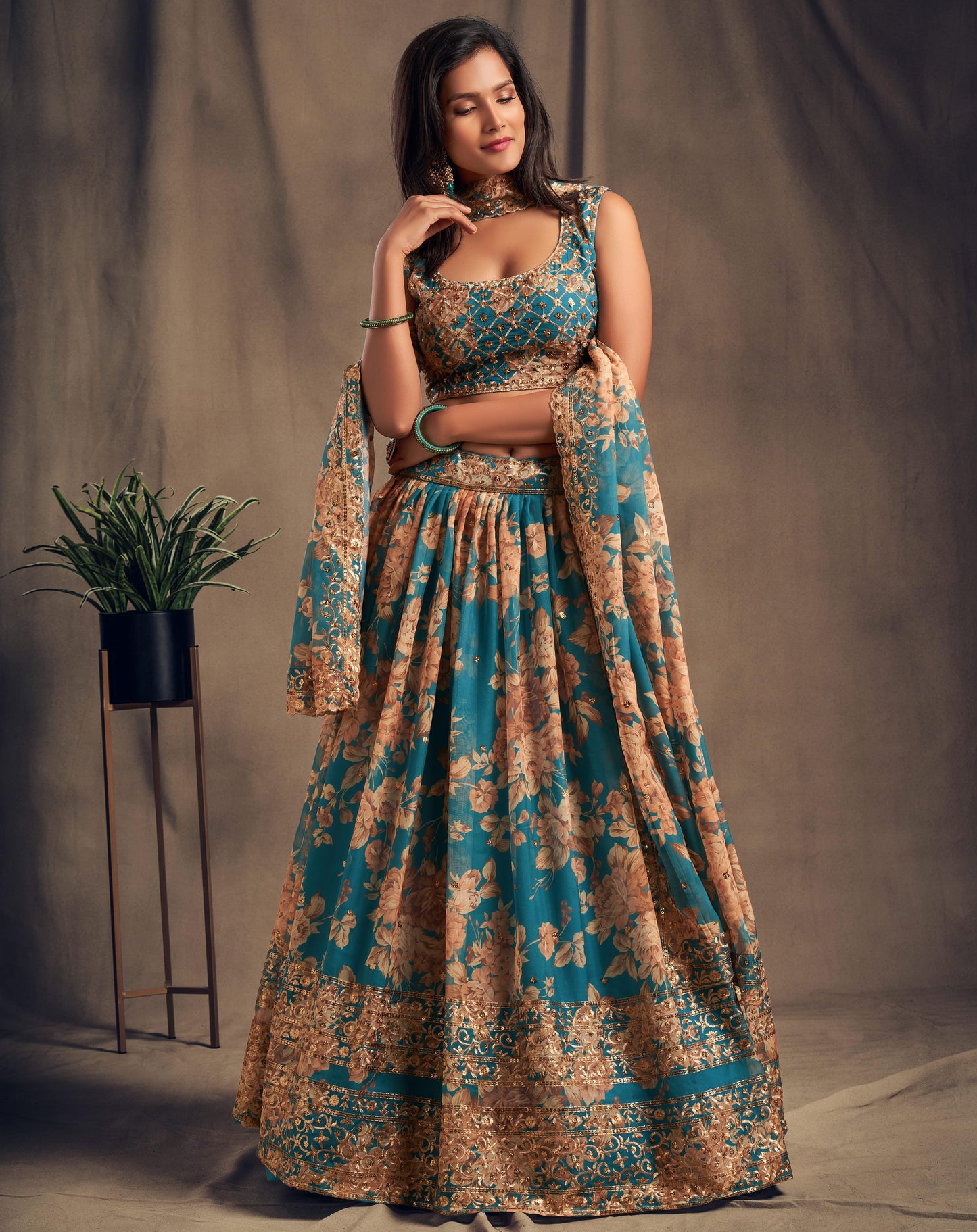 Blue Gold Organza Lehenga