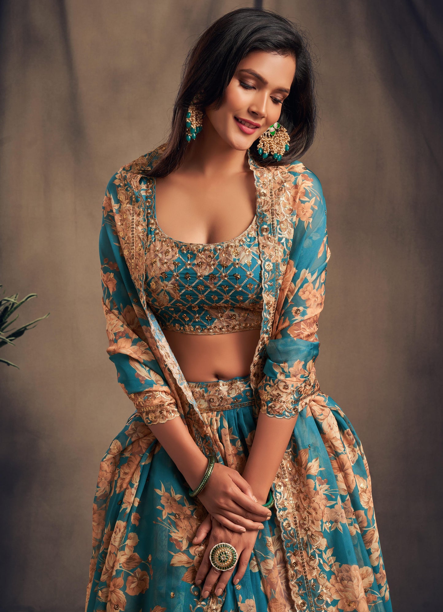 Blue Gold Organza Lehenga