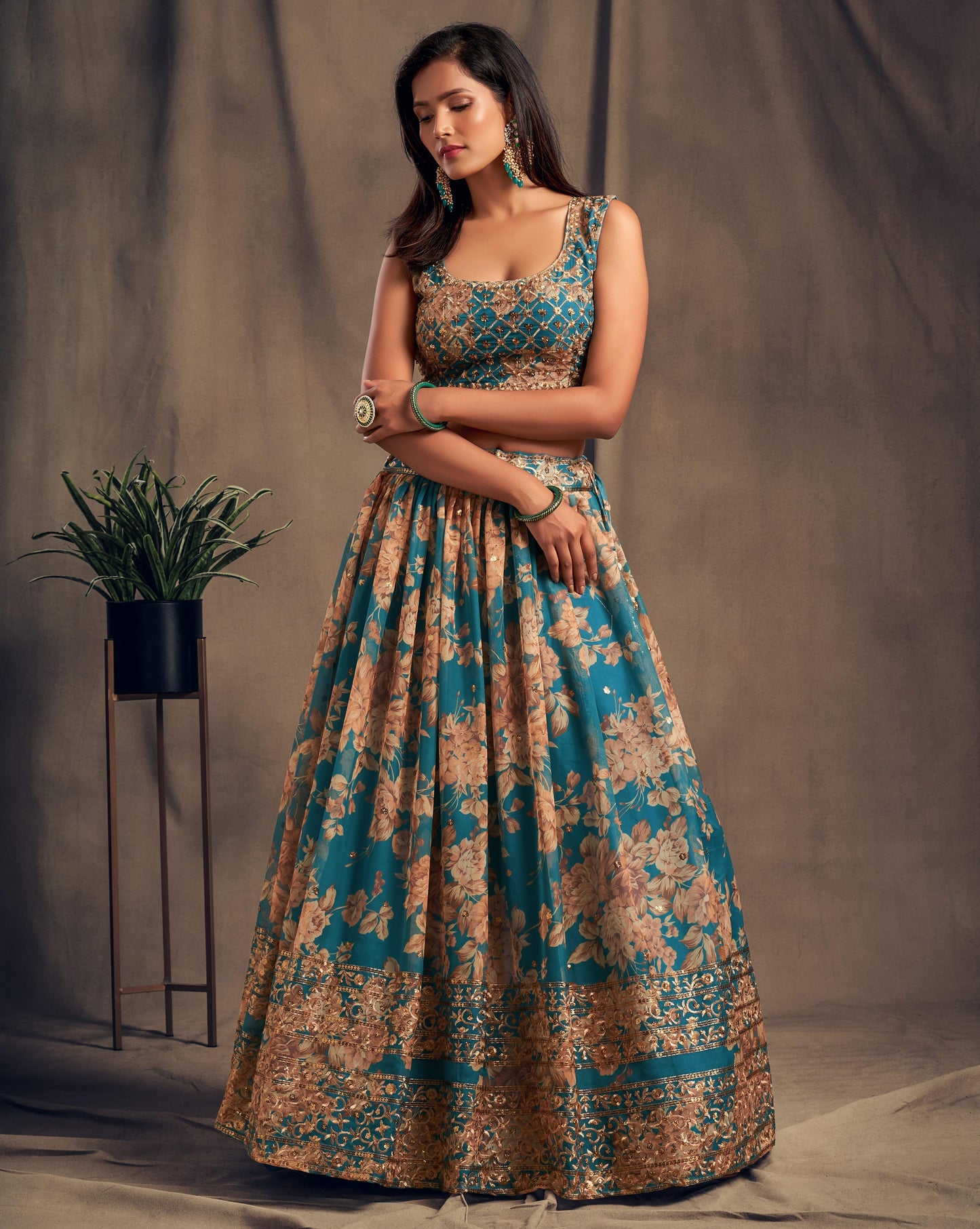 Blue Gold Organza Lehenga