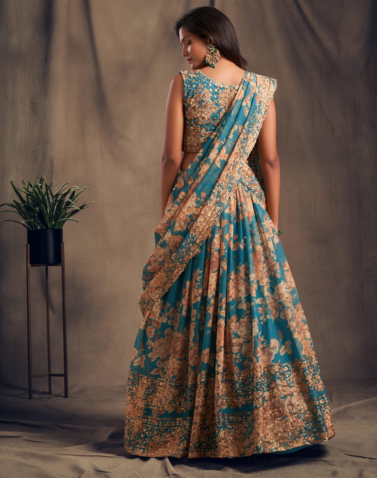 Blue Gold Organza Lehenga