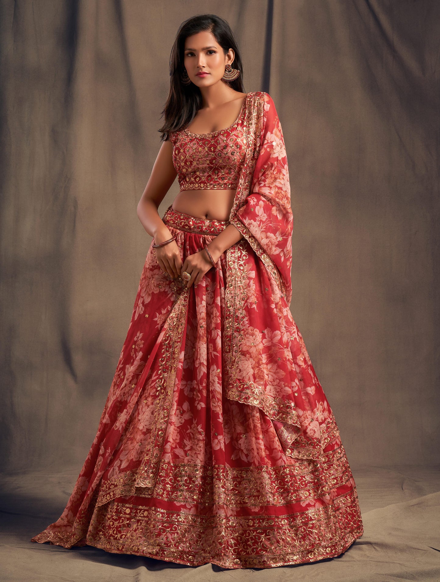 Red Organza Lehenga