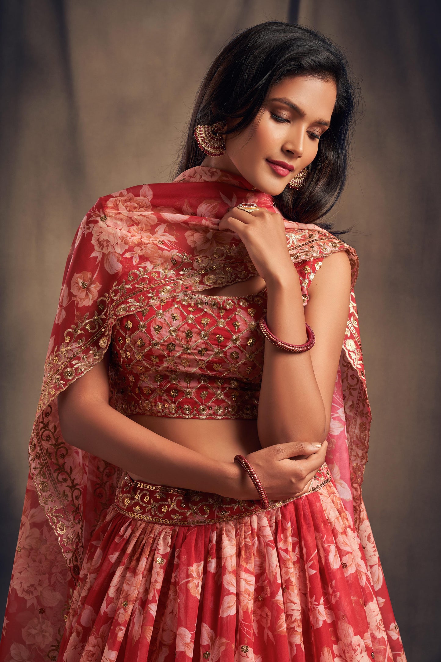 Red Organza Lehenga