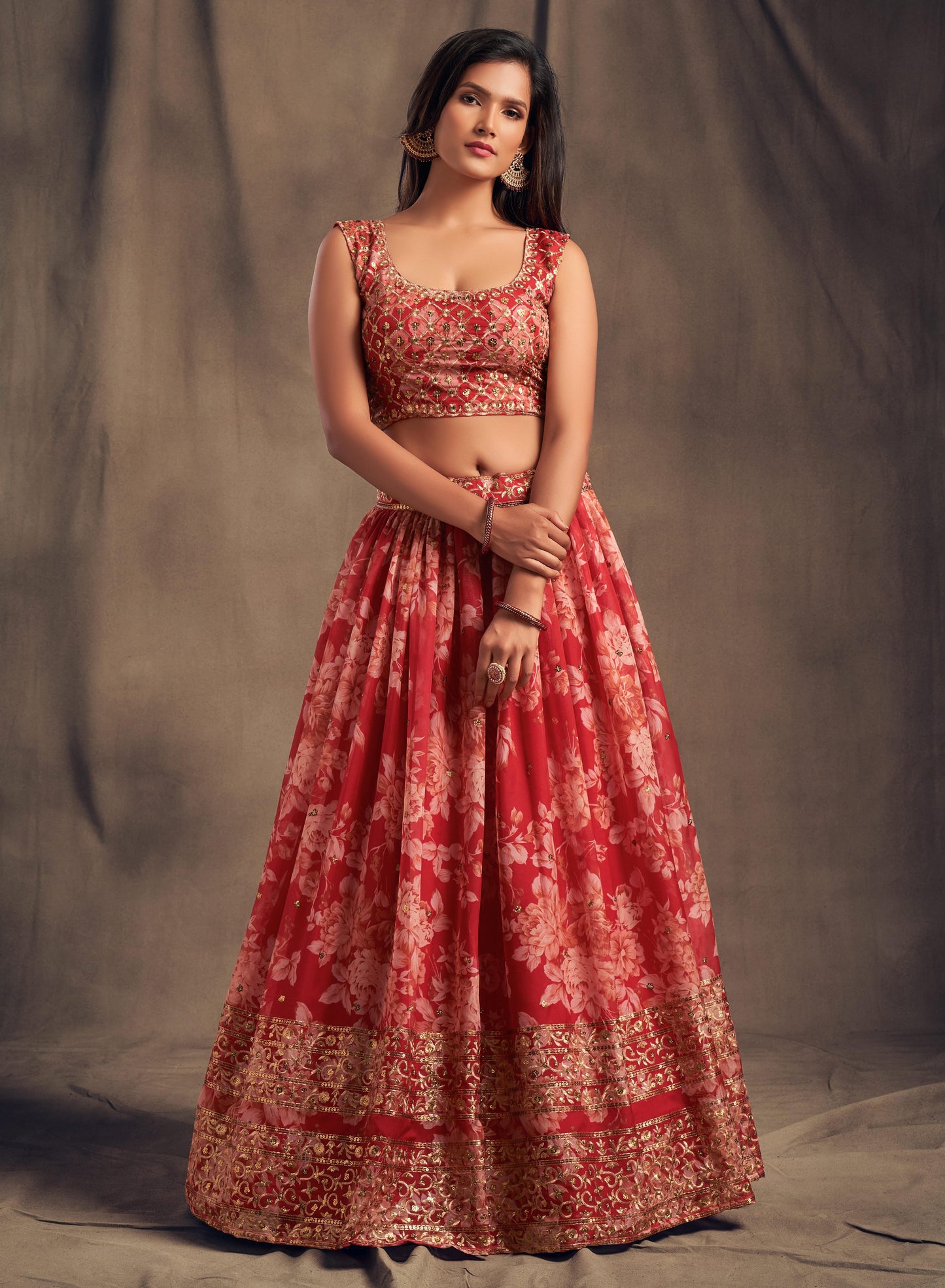 Red Organza Lehenga