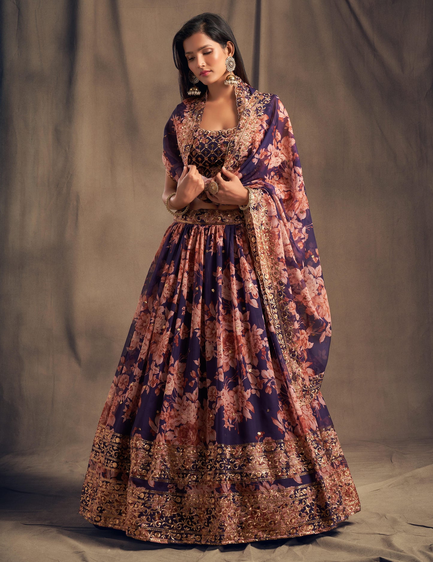 Purple Flower Organza Lehenga