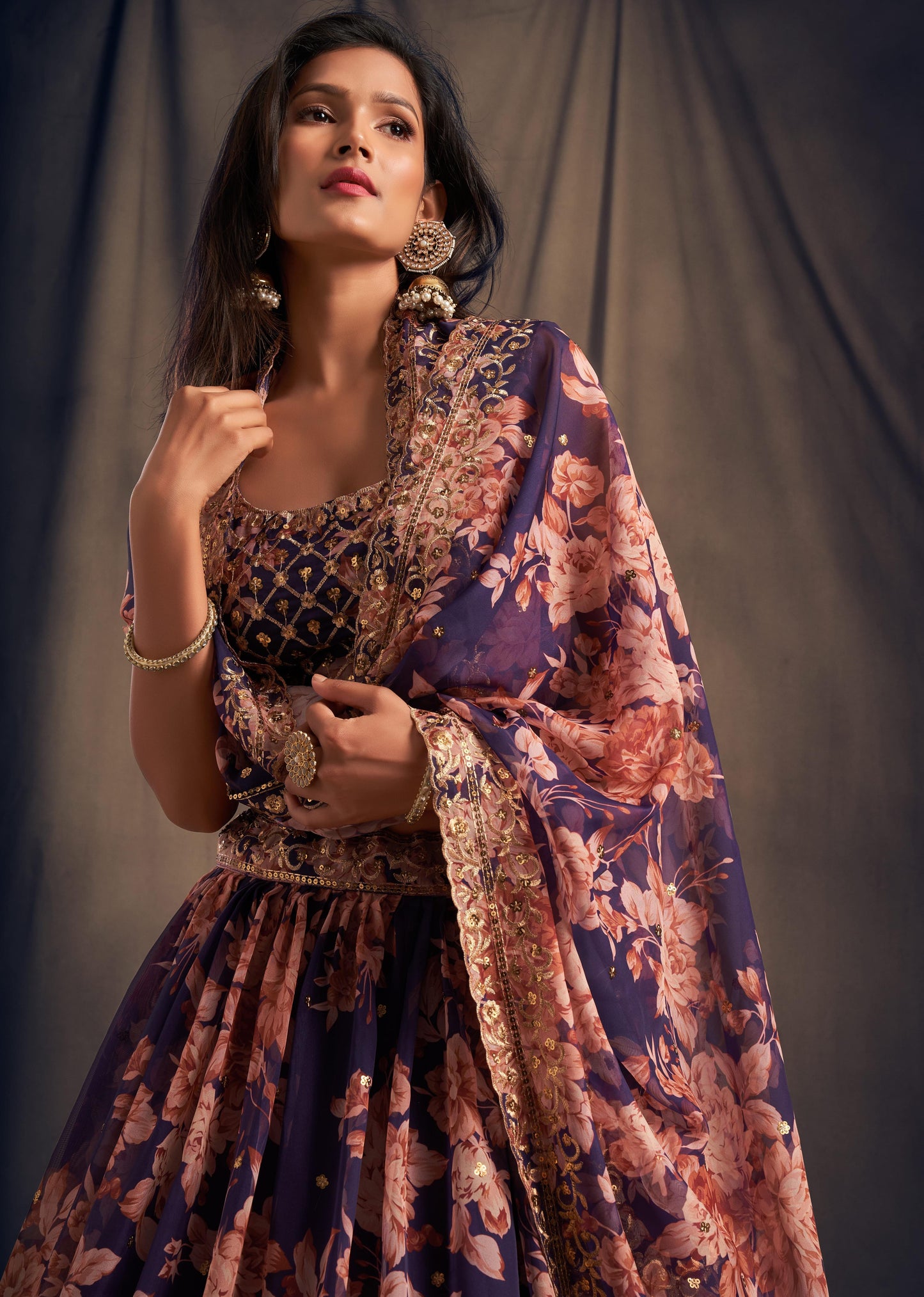 Purple Flower Organza Lehenga