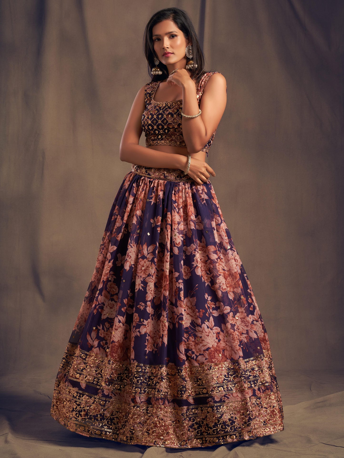 Purple Flower Organza Lehenga