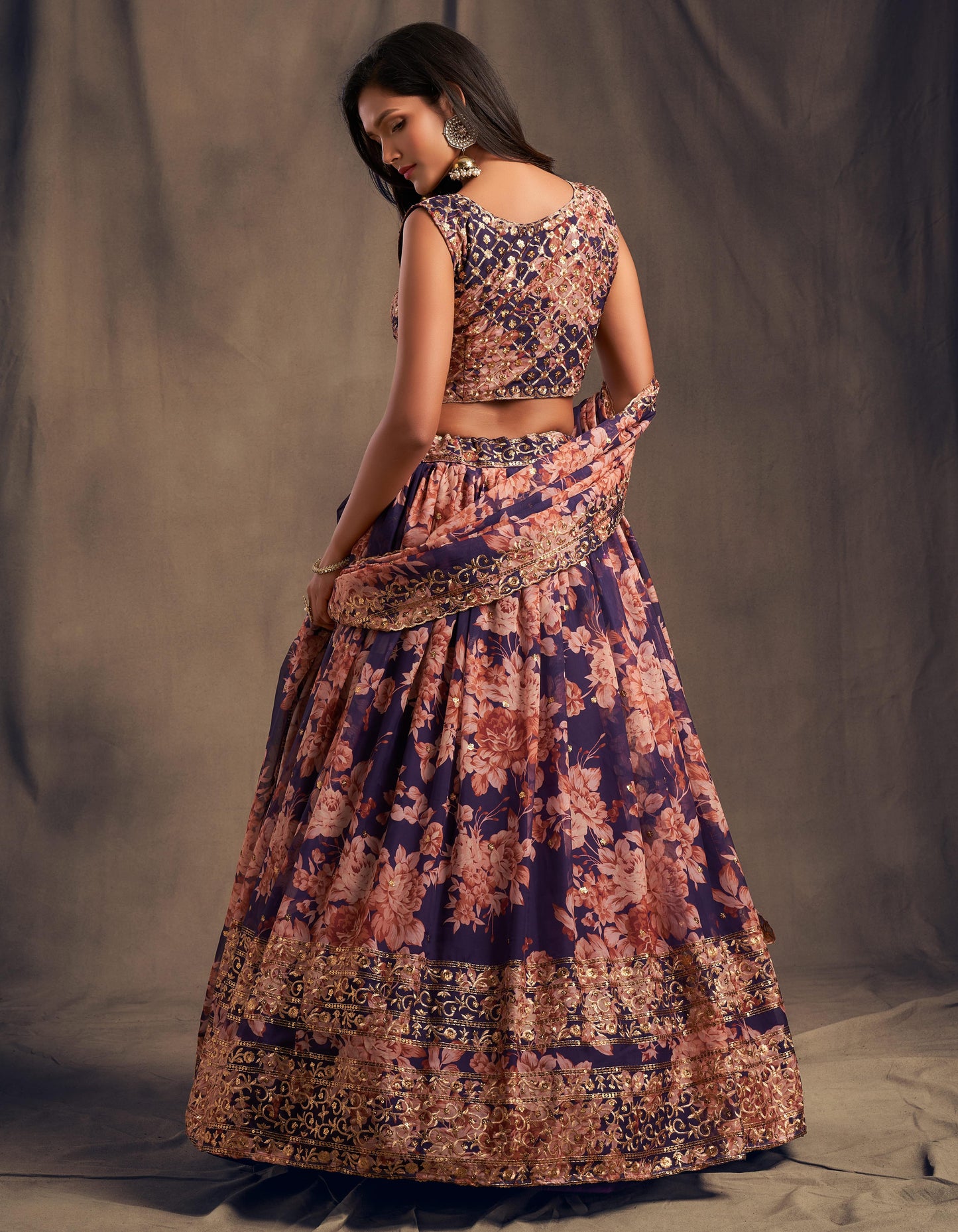 Purple Flower Organza Lehenga