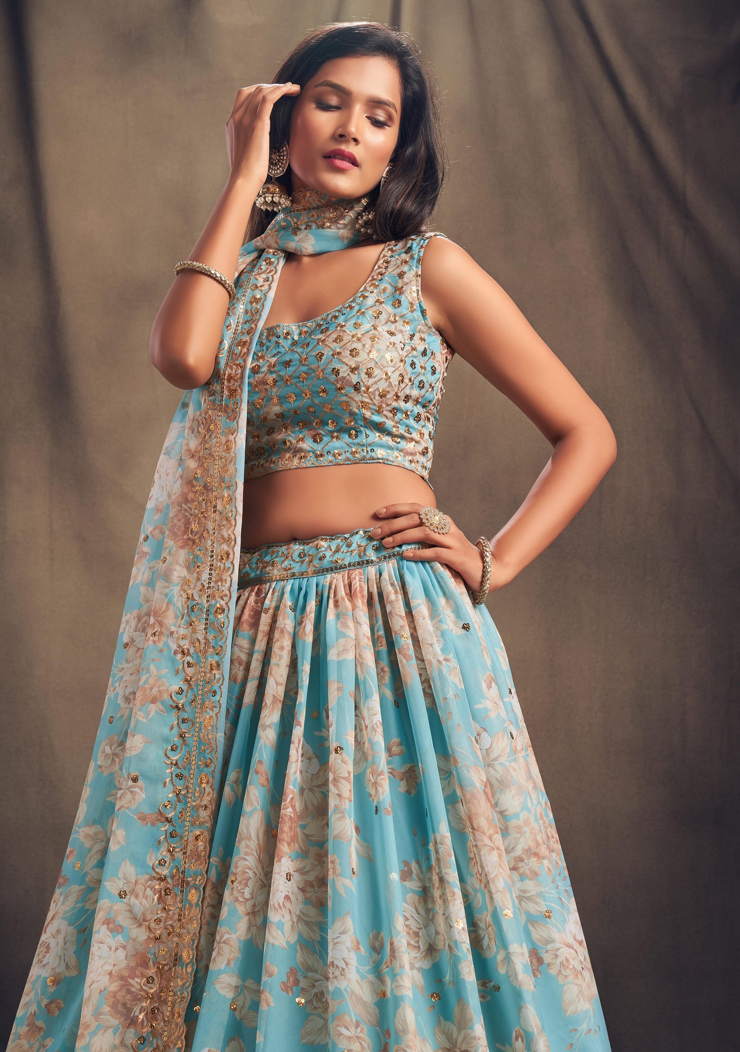 Sky Blue Golden Organza Lehenga