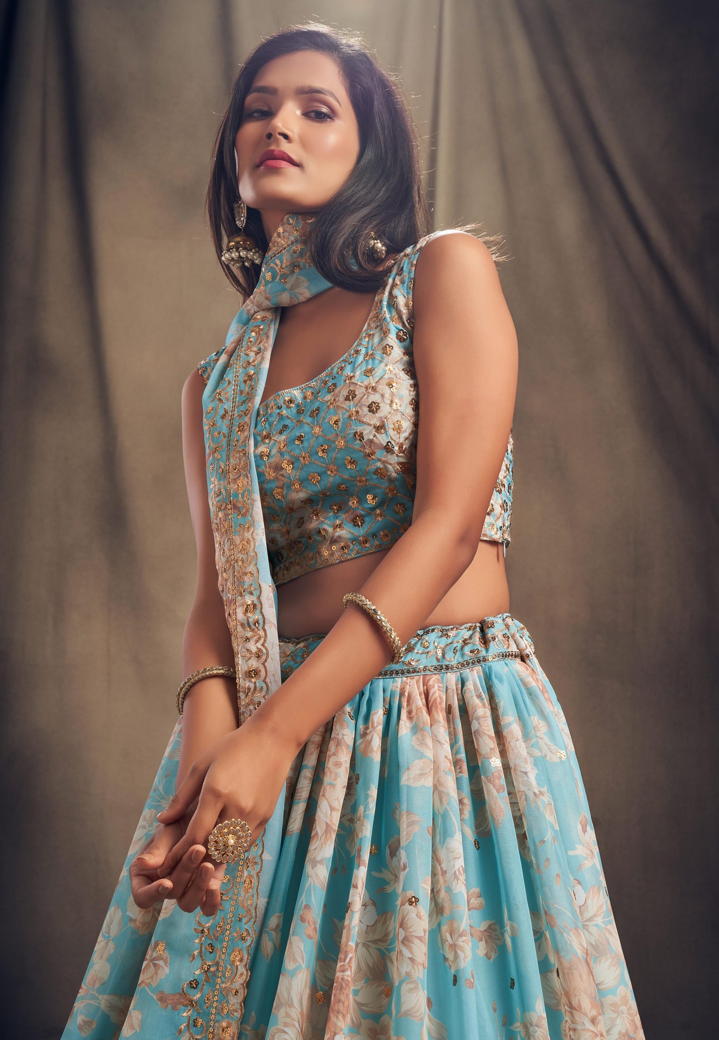 Sky Blue Golden Organza Lehenga