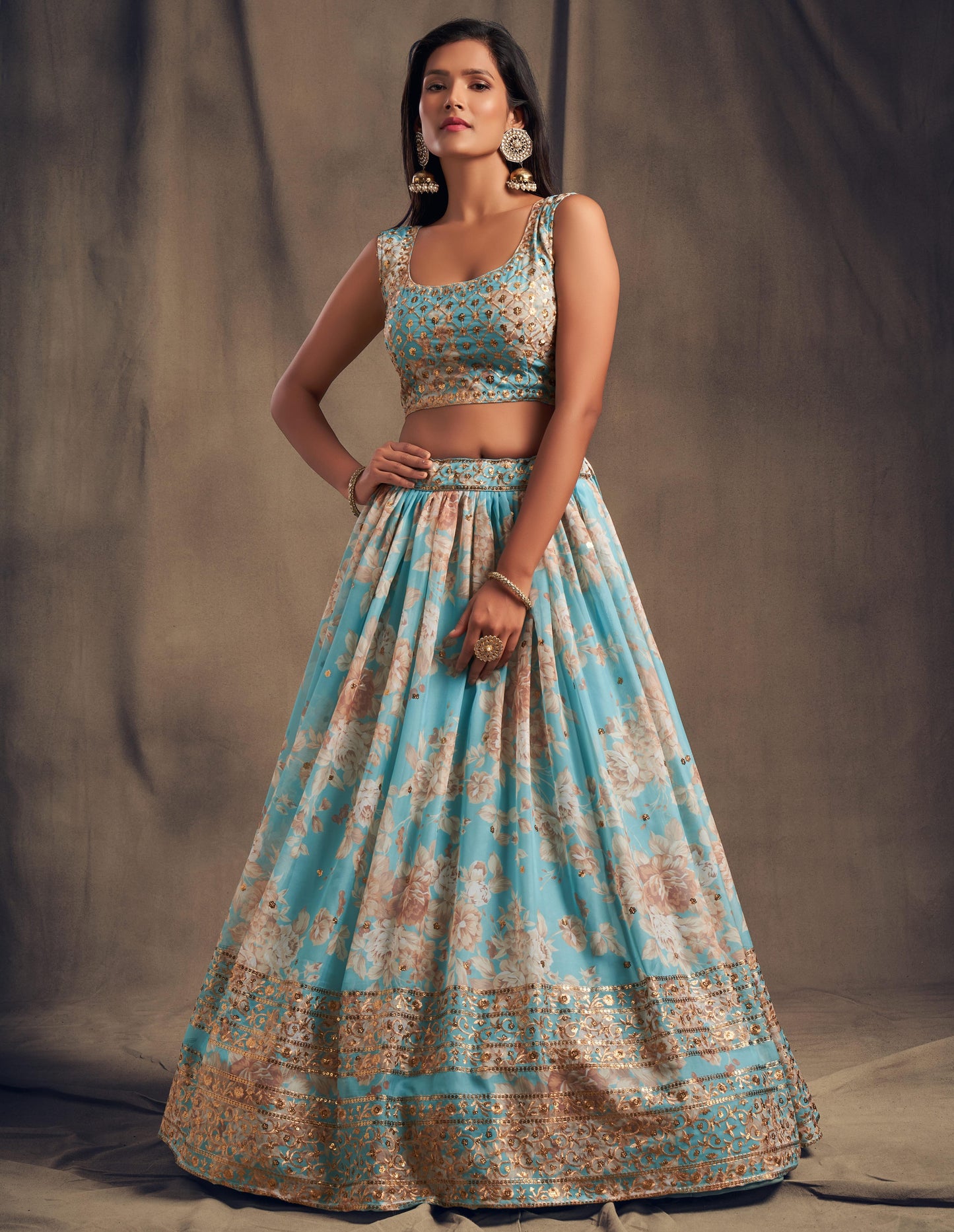 Sky Blue Golden Organza Lehenga