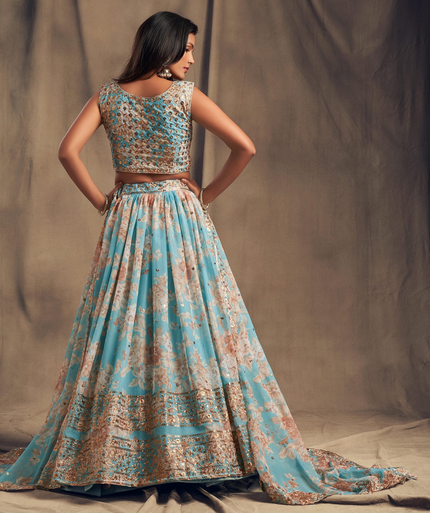 Sky Blue Golden Organza Lehenga