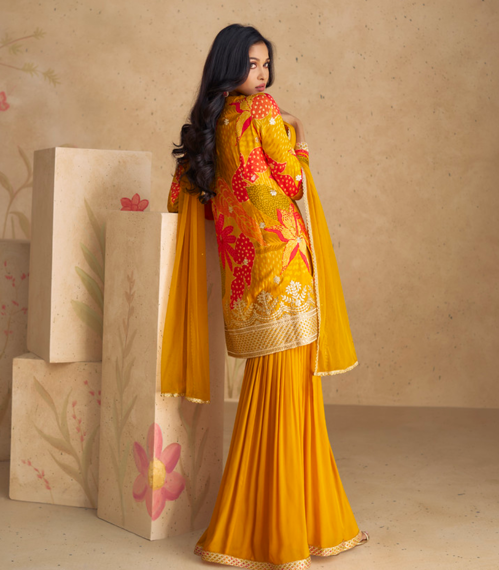 Premium Yellow Chinon Silk Salwar Suit (3- Piece)