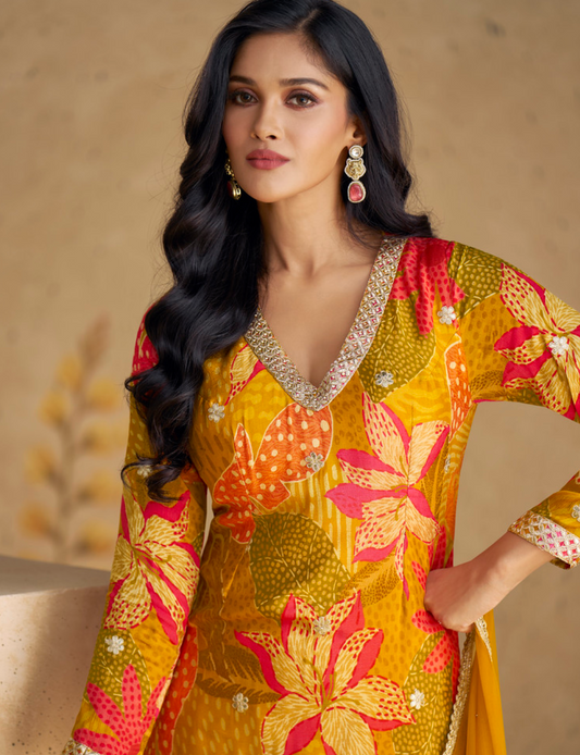 Premium Yellow Chinon Silk Salwar Suit (3- Piece)
