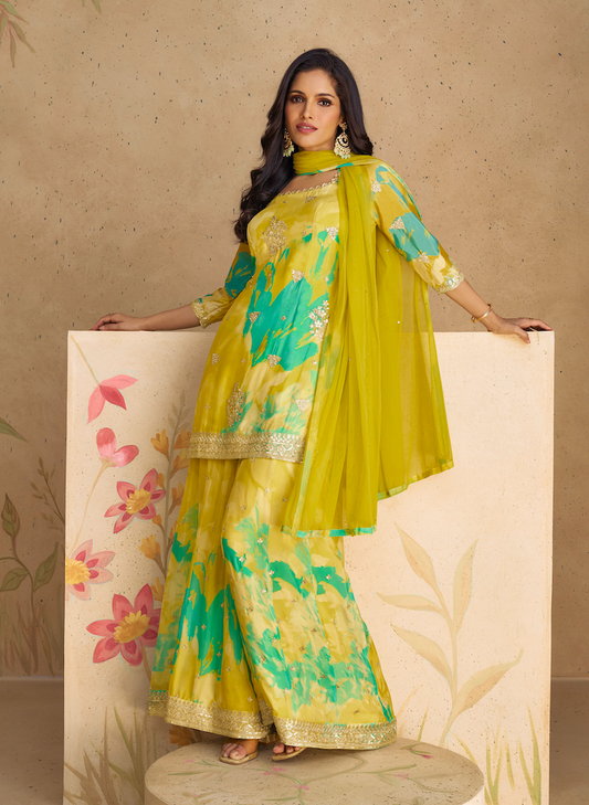 Turquoise Chinon Silk Salwar Suit (3-piece)