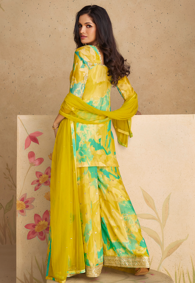 Turquoise Chinon Silk Salwar Suit (3-piece)