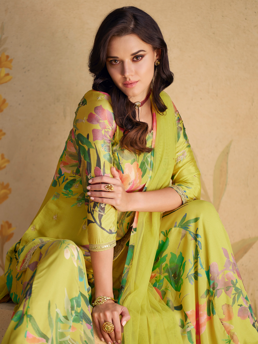 Premium Green Chinon Silk Salwar Suits (3-piece)