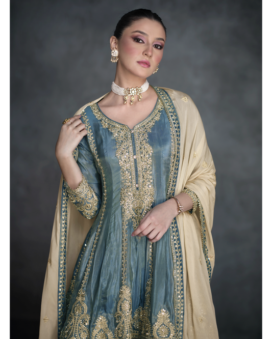 Blue-Gold Embroidery Salwar Suit