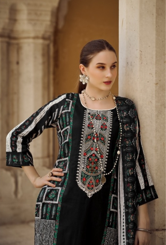 Black- Green Accent Suit 3-Set Embroidery (with Dupatta)