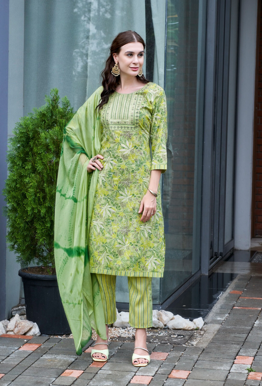 3-Set Light Green Suit (Top+Pants+Dupatta)