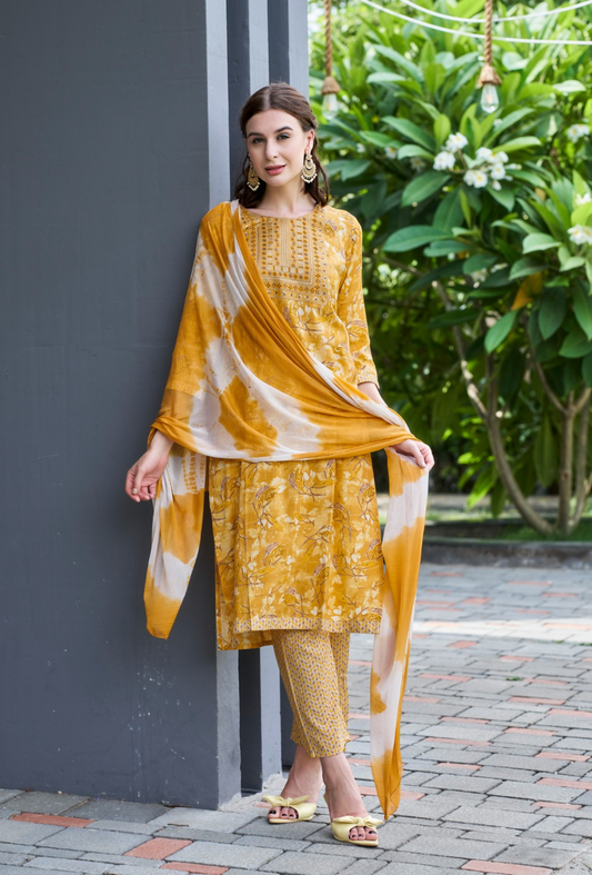 3-Set Frost Mustard Suit (Top+Pants+Dupatta)