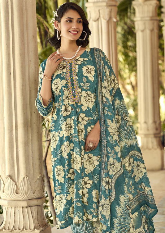 Floral Frost Blue Printed 3-Set Kurta with Embroidery (with Dupatta)