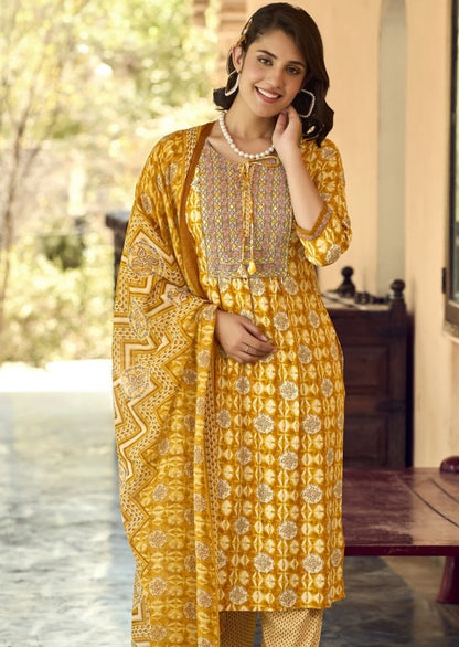 Yellow-Orange Printed 3-Set Kurta with Embroidery (with Dupatta)