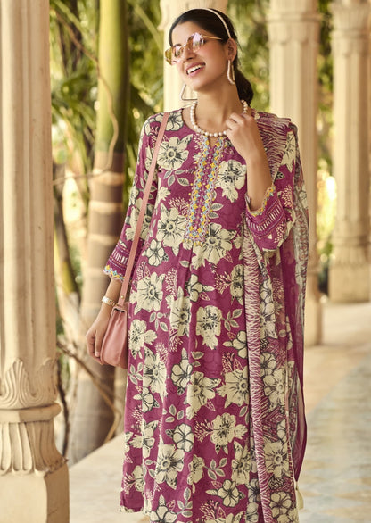 Peach Printed 3-Set Kurta with Embroidery (with Dupatta)