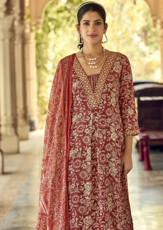 Red Printed 3-Set Kurta with Embroidery (with Dupatta)