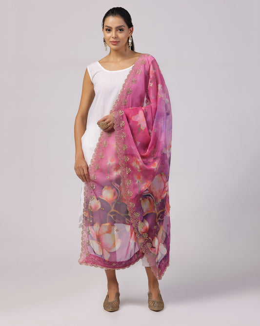 Pink Sequence Flower Dupatta