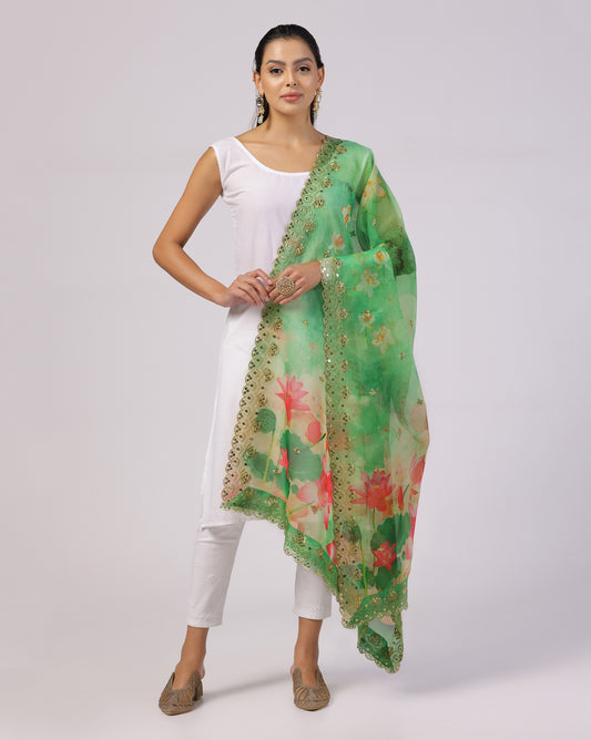 Green Sequence Flower Dupatta