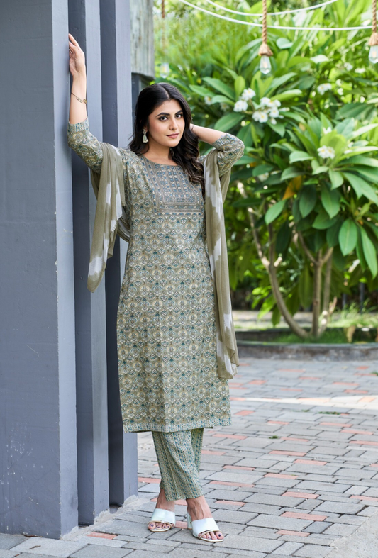 3-Set Blue Green Suit (Top+Pants+Dupatta)