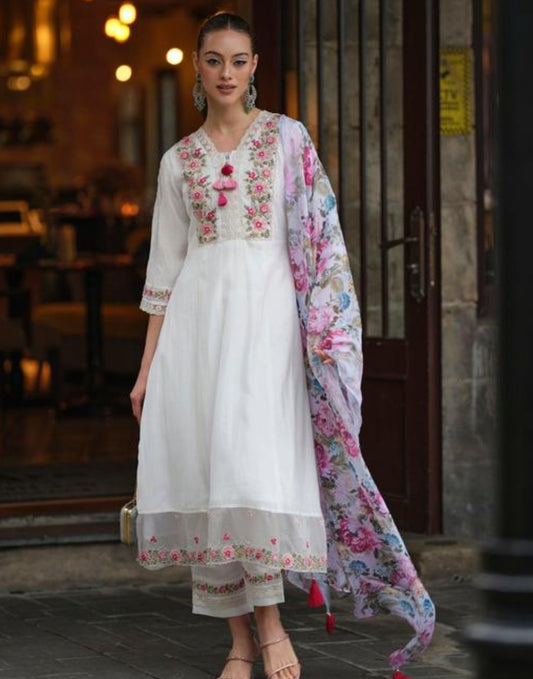 White Rose Kurta Set with Flower Dupatta