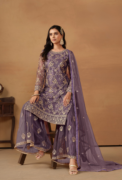 Premium Purple Net Salwar Kameez 3-Set