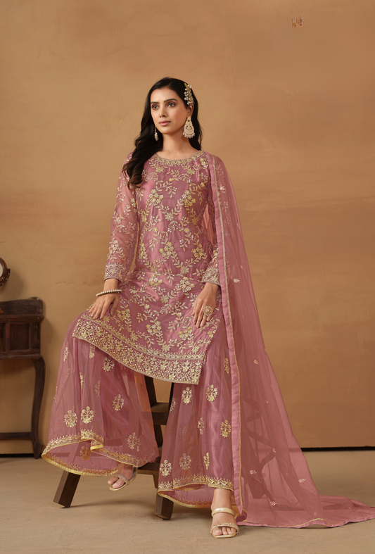 Premium Pink Net Salwar Kameez 3-Set