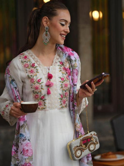 White Rose Kurta Set with Flower Dupatta