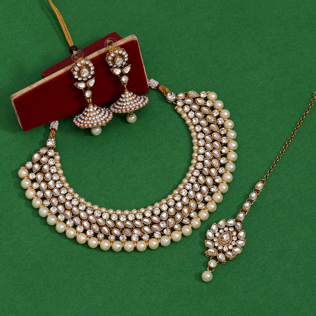 Gold Color Kundan Necklace Set (4-piece)