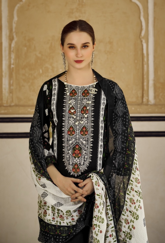 Black-Red Accent Suit 3-Set Embroidery (with Dupatta)