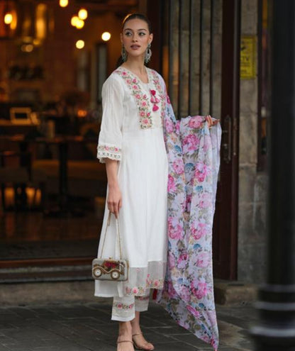 White Rose Kurta Set with Flower Dupatta