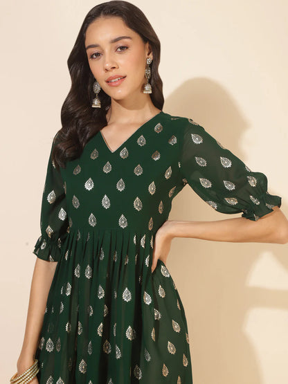 Green Gold Printed Partywear Kurta (Top)