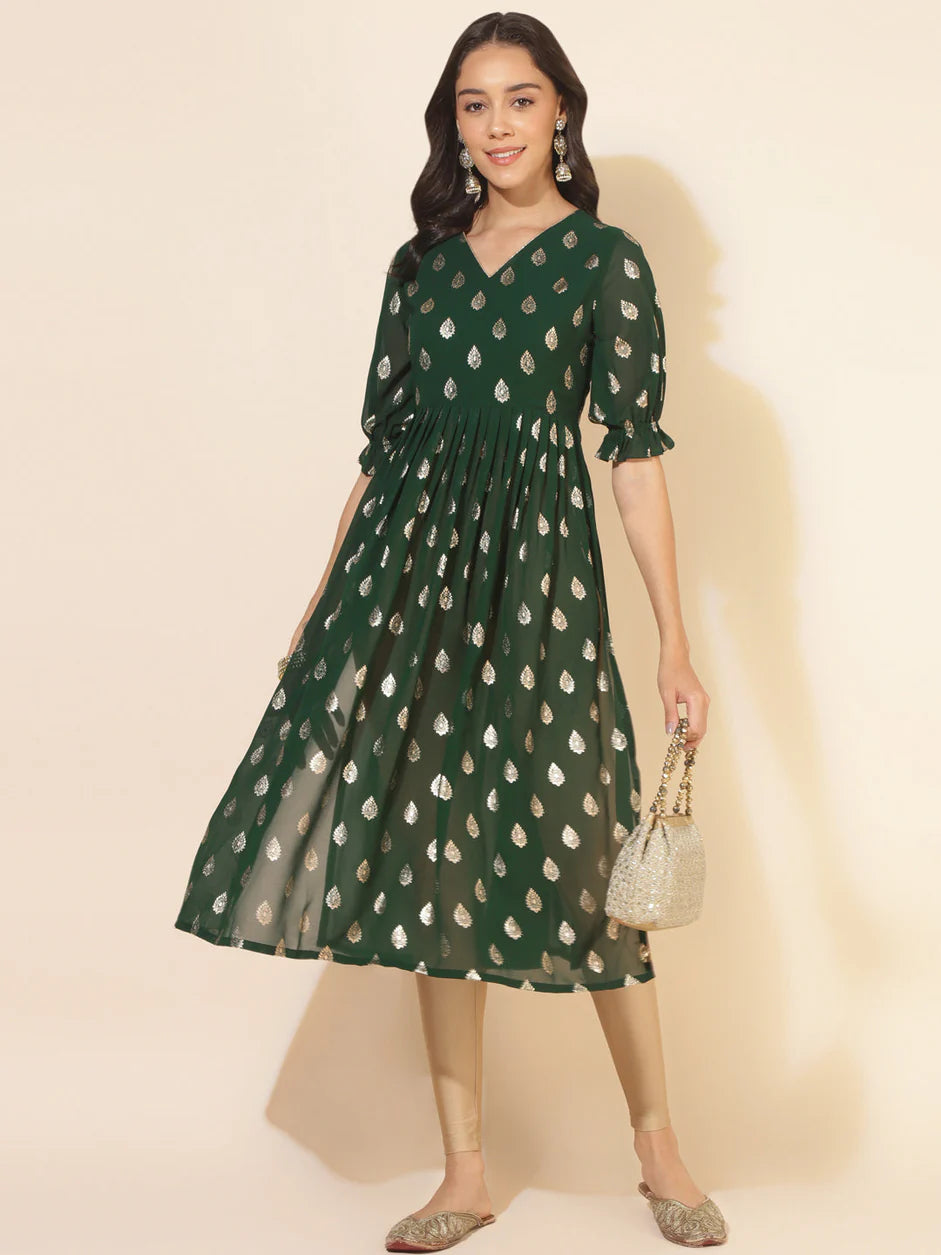 Green Gold Printed Partywear Kurta (Top)