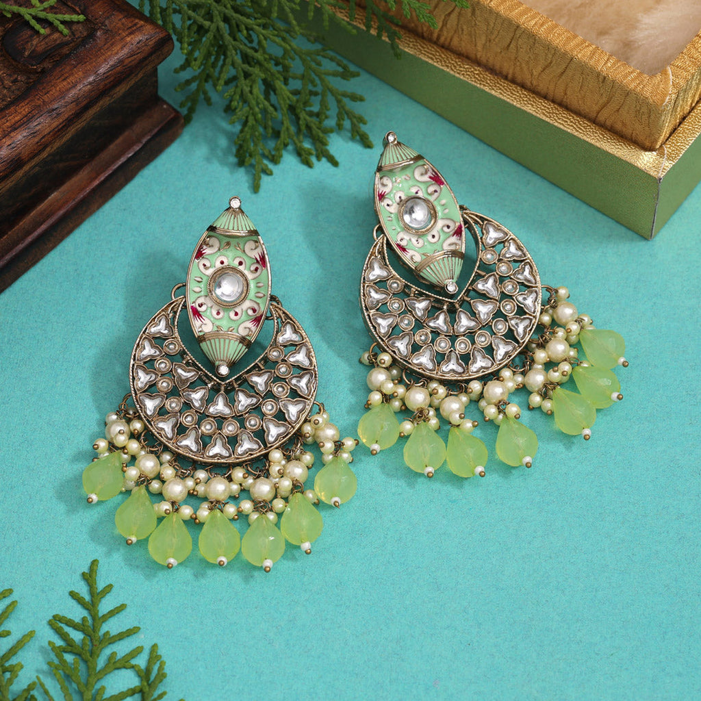 Pista Green Color Meenakari Kundan Earrings