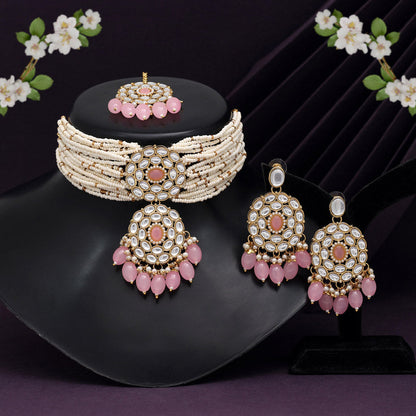 Pink Color Choker Kundan Necklace Set